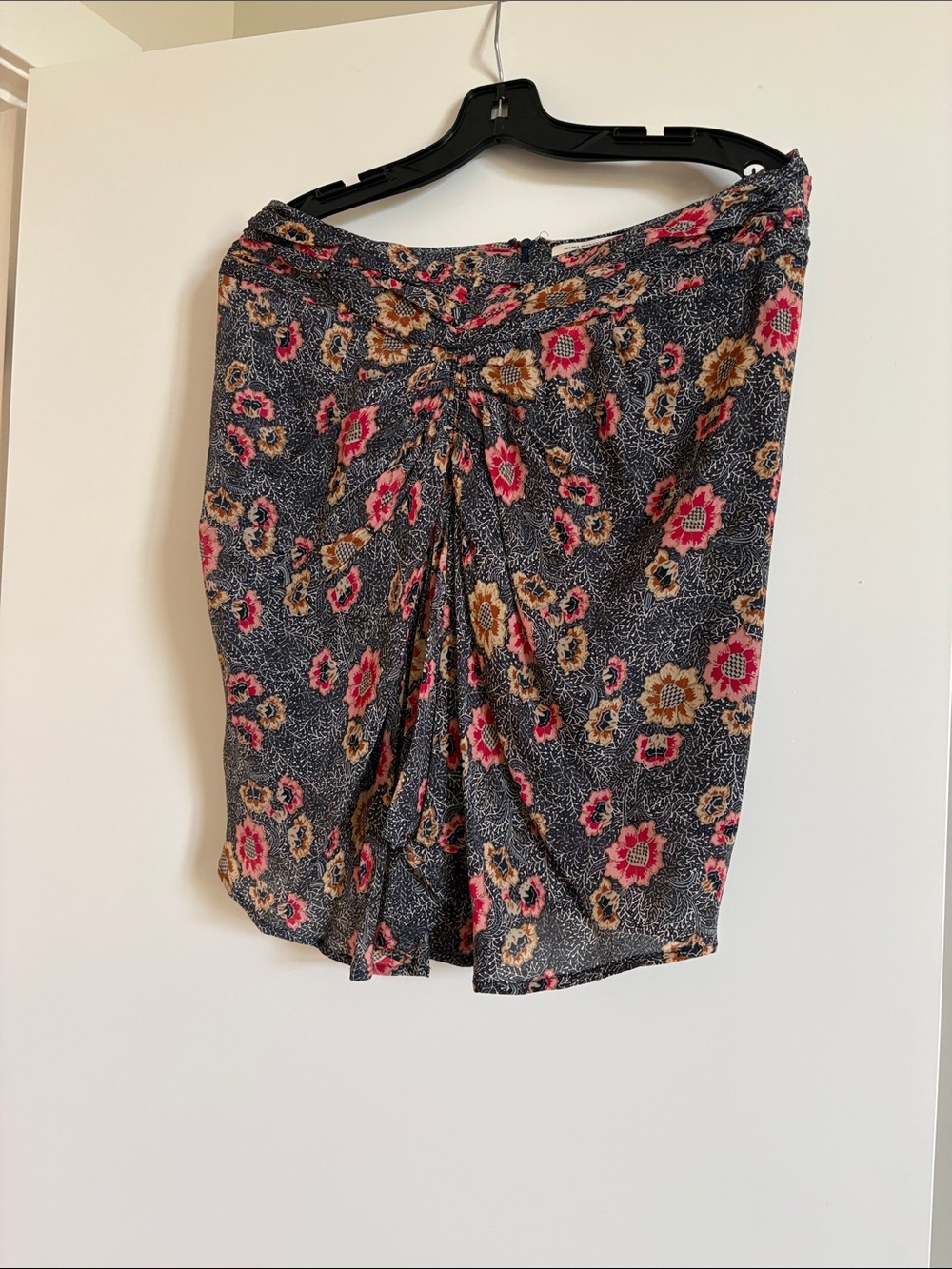 Floral Ruched Midi Skirt in Black, Pink & Tan